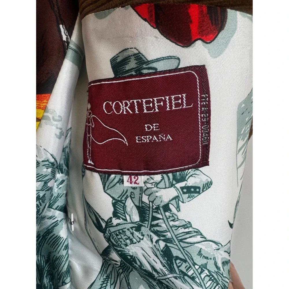 Vintage 70s Cortefiel Brown Corduroy Blazer Leather Trim Status Print Lining 42